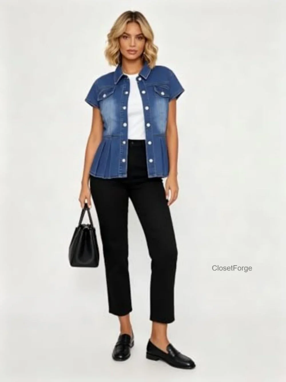 Women's Cap Sleeve Denim Jacket with Peplum Raw Hem and Pockets